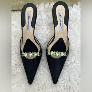 Brian Atwood satin heels with encrusted jewels.